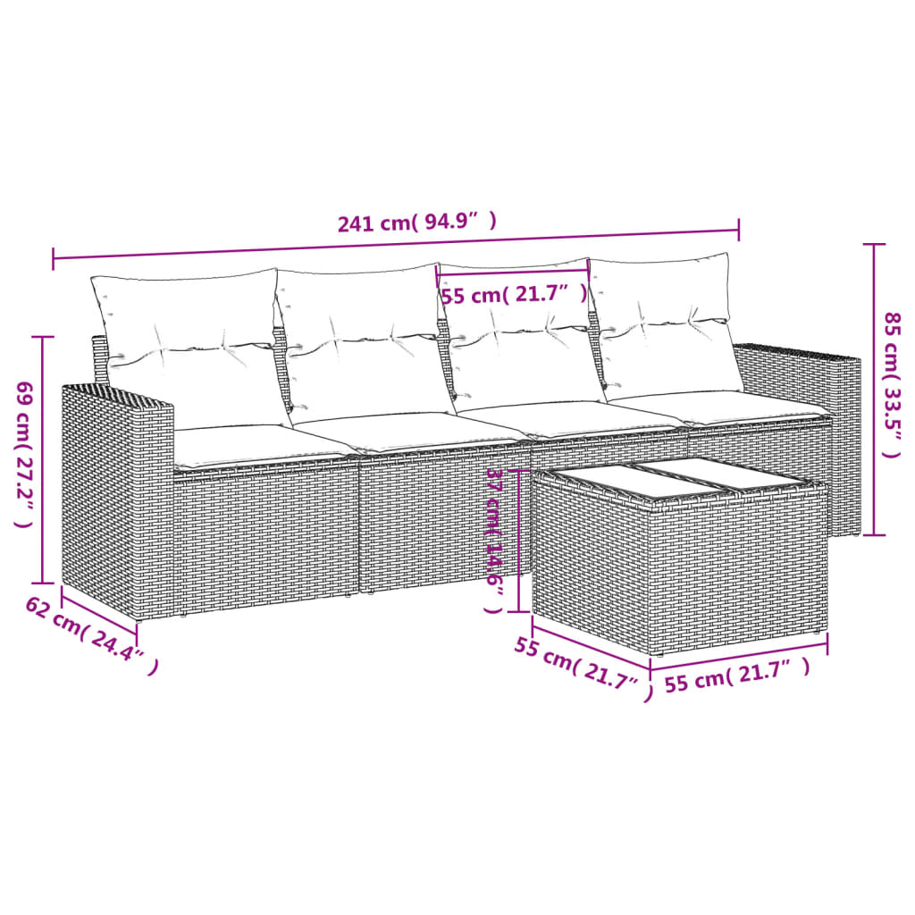 vidaXL 5-tlg. Garten-Sofagarnitur mit Kissen Grau Poly Rattan