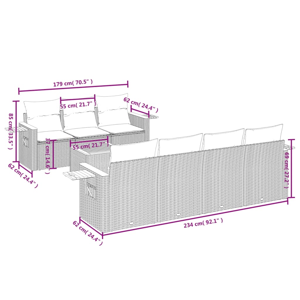 vidaXL 8-tlg. Garten-Sofagarnitur mit Kissen Beige Poly Rattan