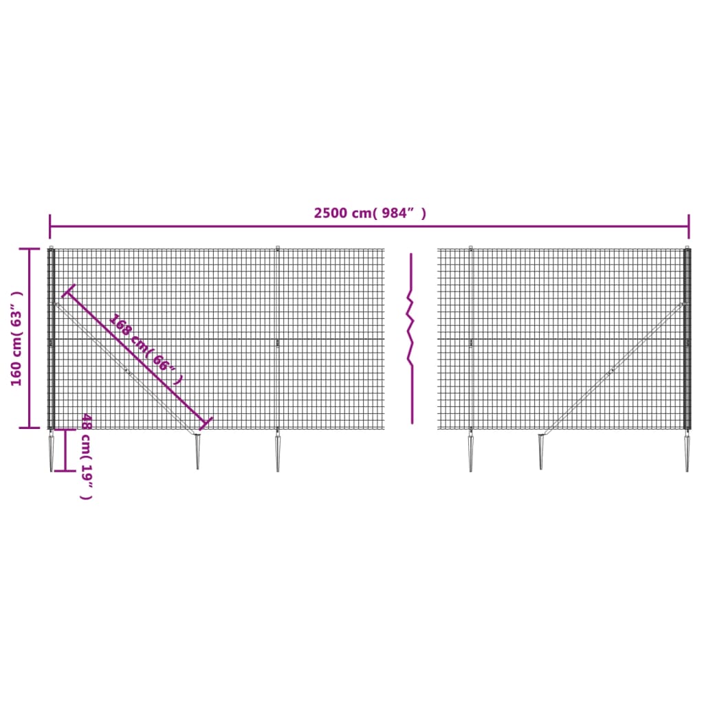 vidaXL Maschendrahtzaun mit Bodenhülsen Anthrazit 1,6x25 m