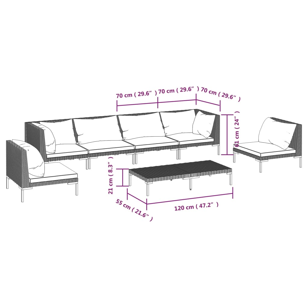 vidaXL 7-tlg. Garten-Lounge-Set mit Kissen Poly Rattan Dunkelgrau