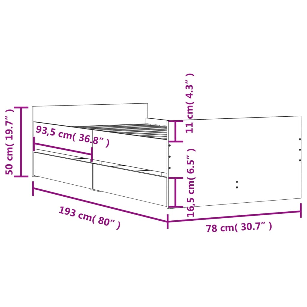 vidaXL Bett mit Schubladen Grau Sonoma 75x190 cm