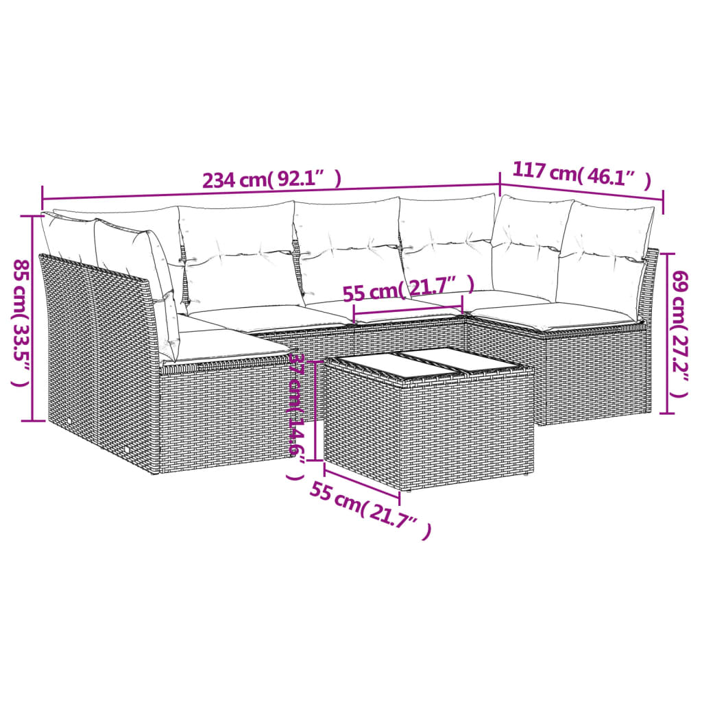 vidaXL 7-tlg. Garten-Sofagarnitur mit Kissen Grau Poly Rattan