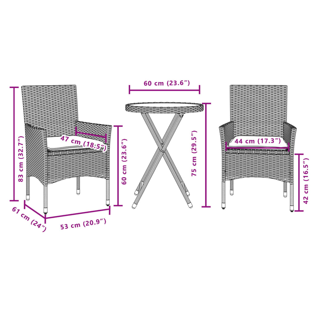 vidaXL 3-tlg. Bistro-Set mit Kissen Braun Poly Rattan und Glas