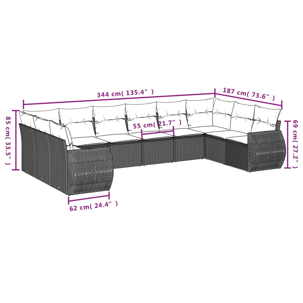 vidaXL 11-tlg. Garten-Sofagarnitur mit Kissen Schwarz Poly Rattan