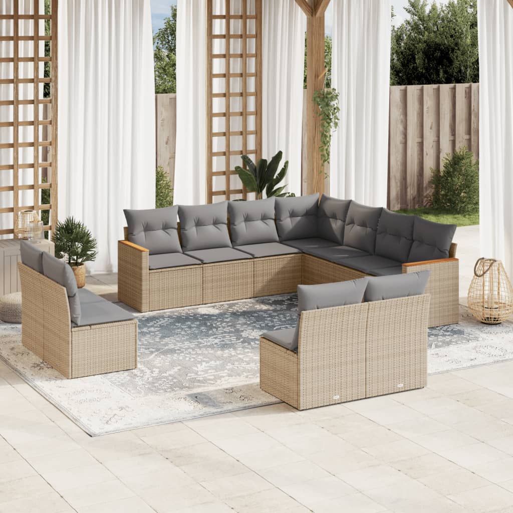 vidaXL 11-tlg. Garten-Sofagarnitur mit Kissen Beige Poly Rattan