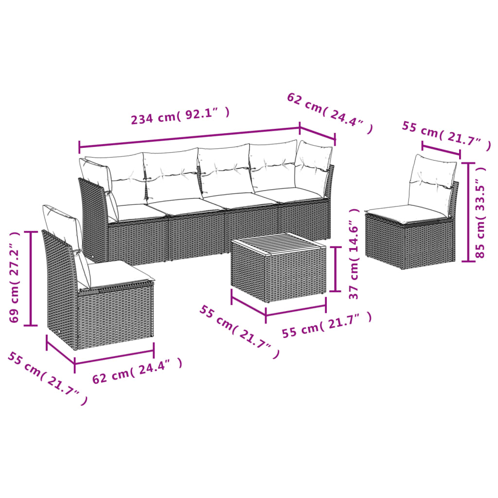 vidaXL 7-tlg. Garten-Sofagarnitur mit Kissen Schwarz Poly Rattan