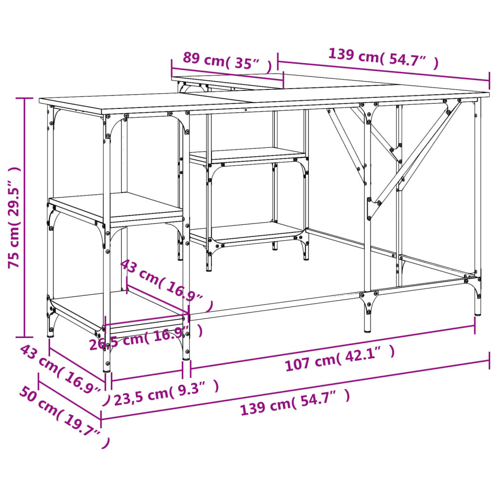 vidaXL Schreibtisch Braun Eichen-Optik 139x139x75 cm Holzwerkstoff