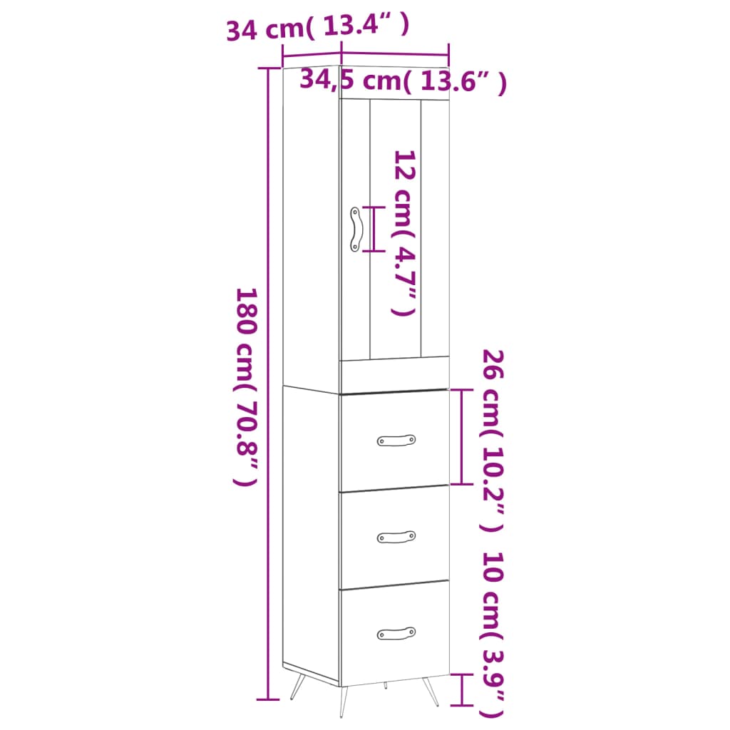 vidaXL Highboard Hochglanz-Weiß 34,5x34x180 cm Holzwerkstoff