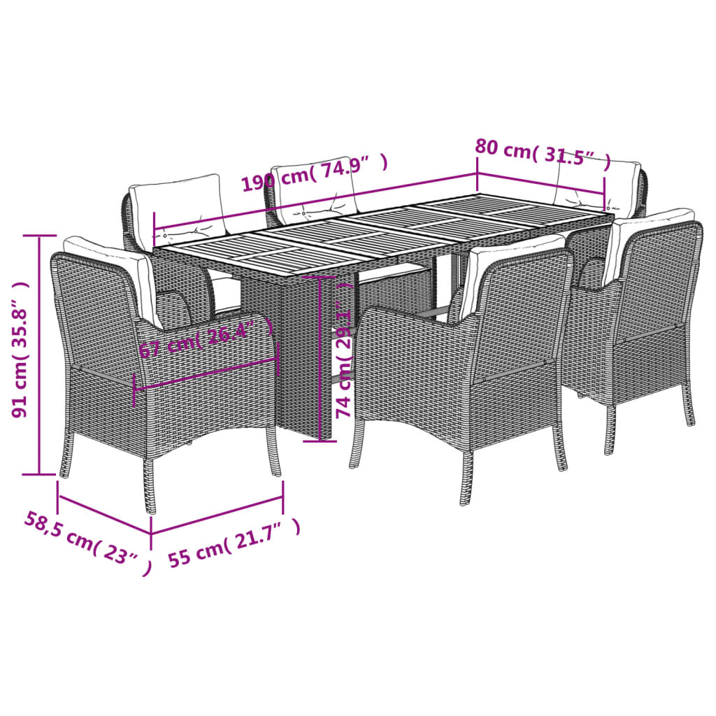 vidaXL 7-tlg. Garten-Essgruppe mit Kissen Schwarz Poly Rattan