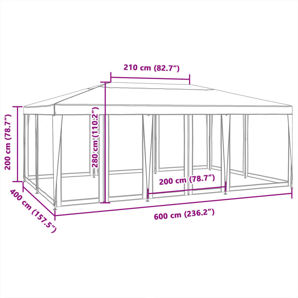 vidaXL Partyzelt mit 10 Mesh-Seitenteilen Weiß 6x4 m HDPE