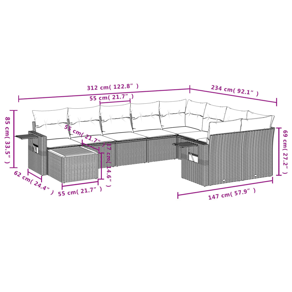 vidaXL 10-tlg. Garten-Sofagarnitur mit Kissen Beige Poly Rattan