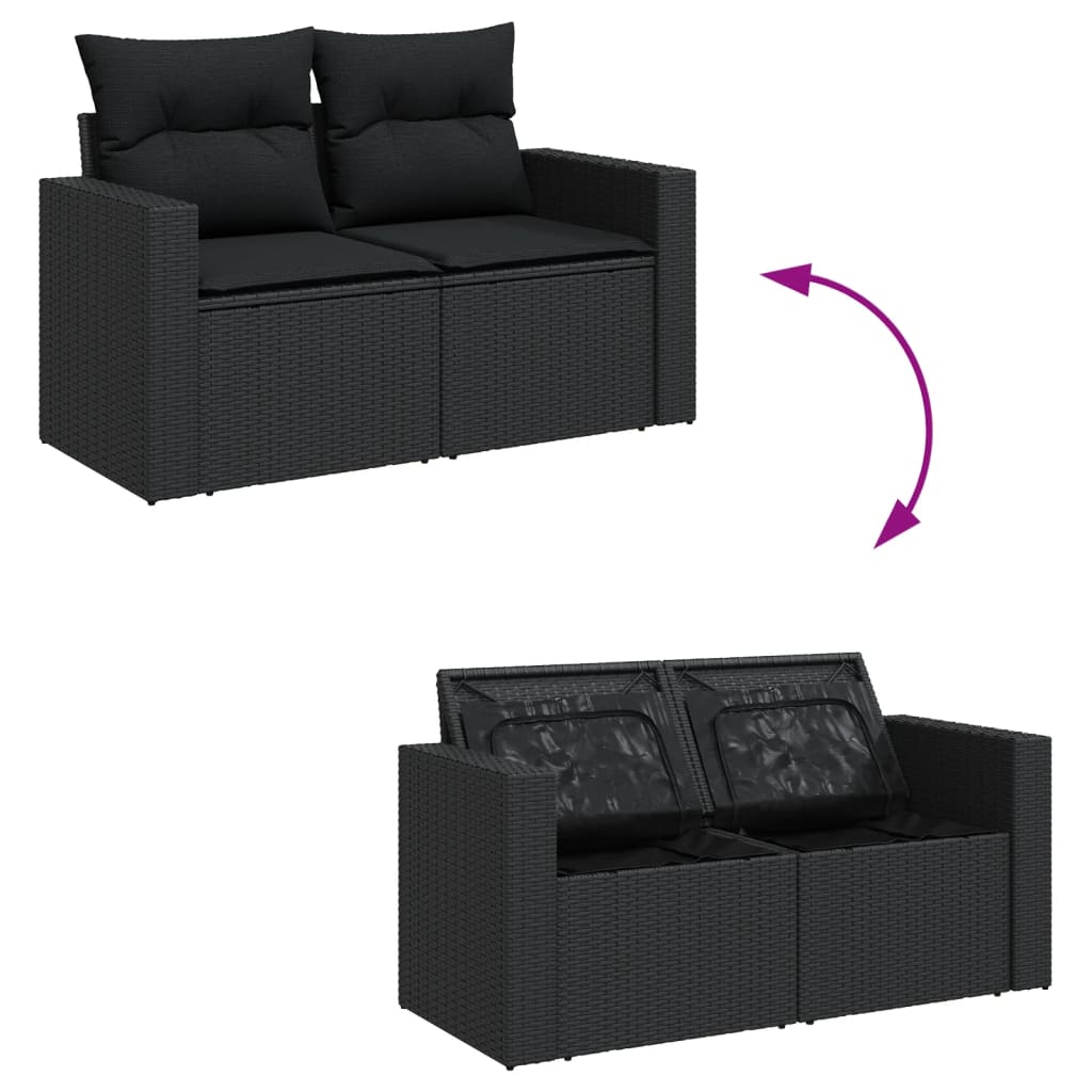 vidaXL 7-tlg. Garten-Sofagarnitur mit Kissen Schwarz Poly Rattan