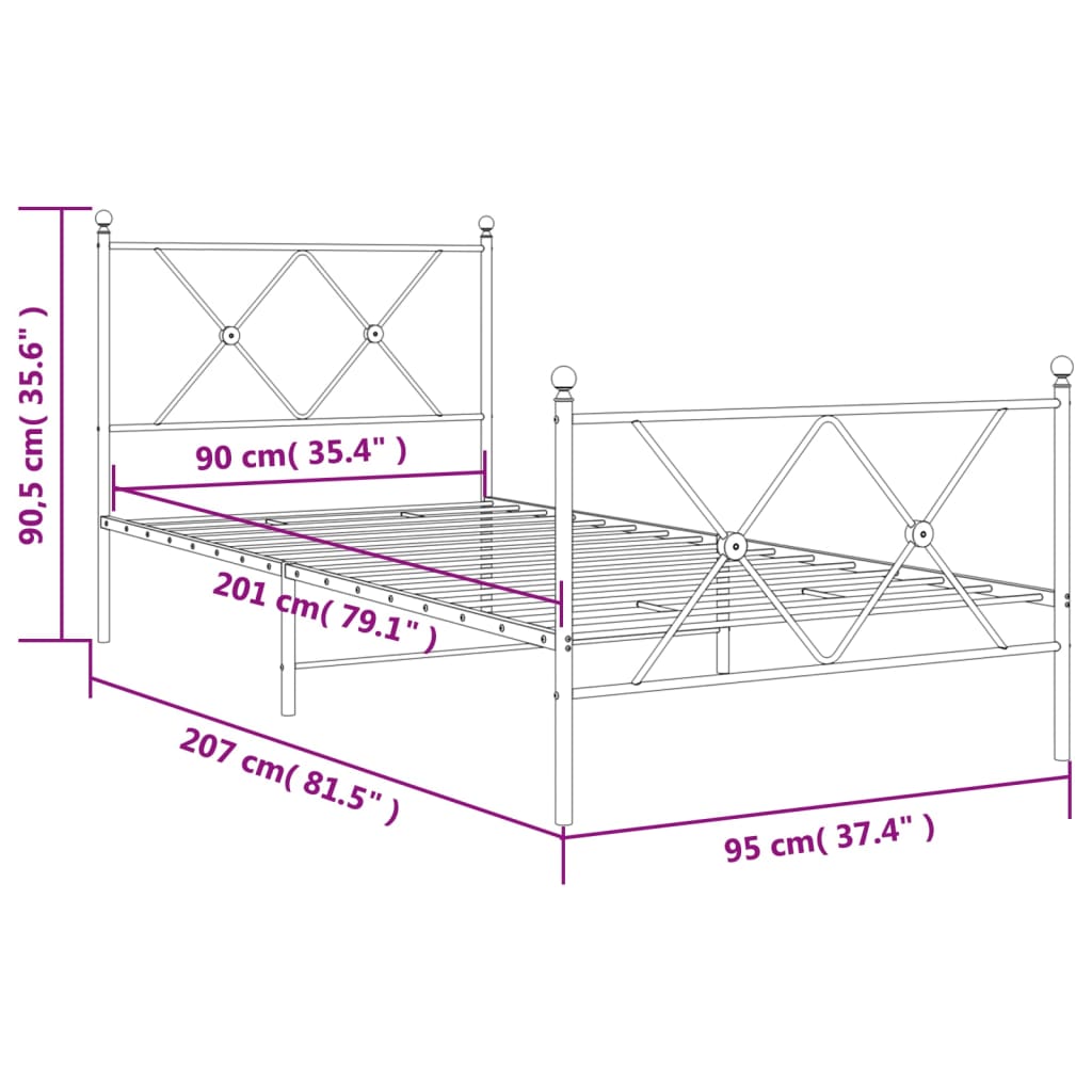 vidaXL Bettgestell mit Kopf- und Fußteil Metall Weiß 90x200 cm