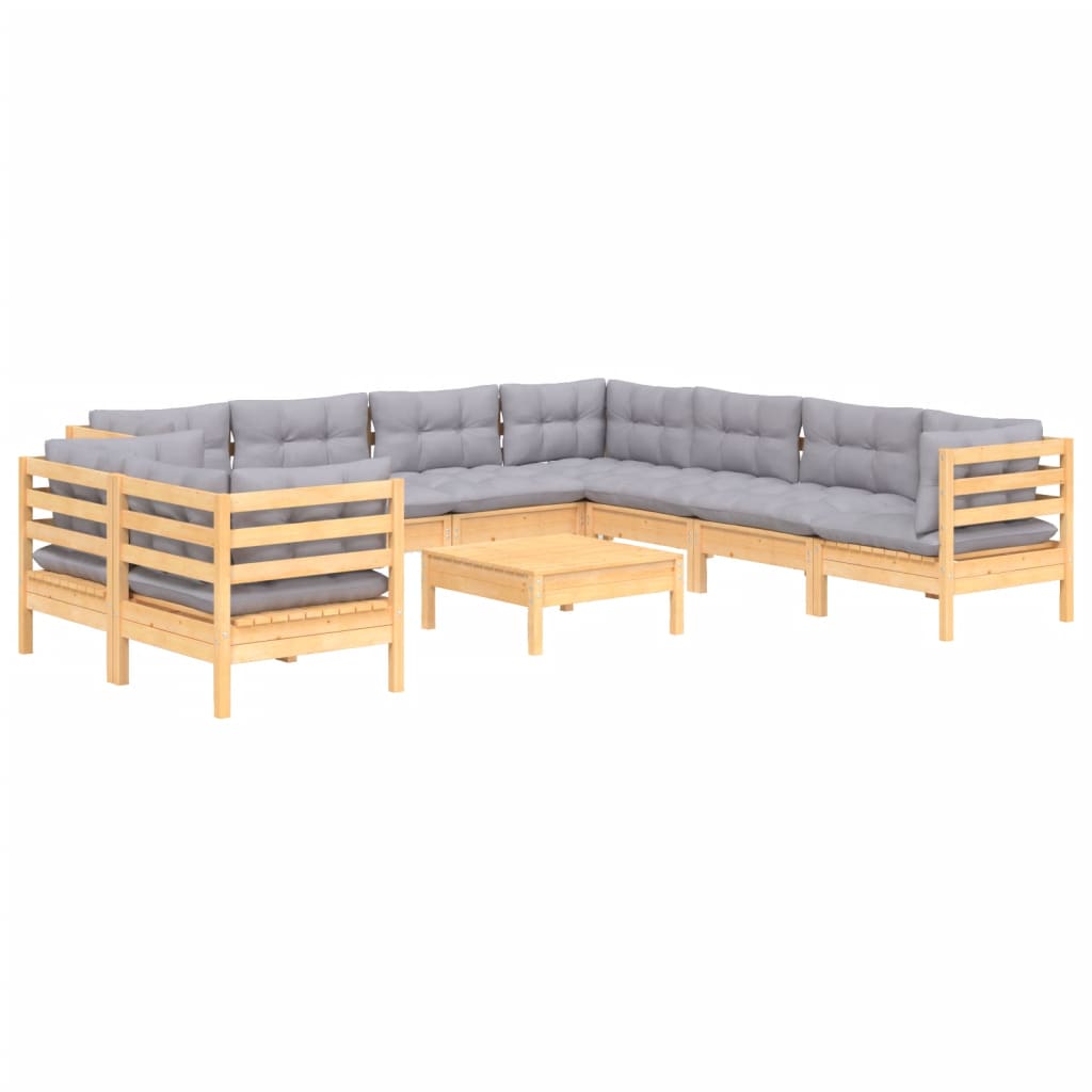 vidaXL 10-tlg. Garten-Lounge-Set mit Grauen Kissen Massivholz Kiefer