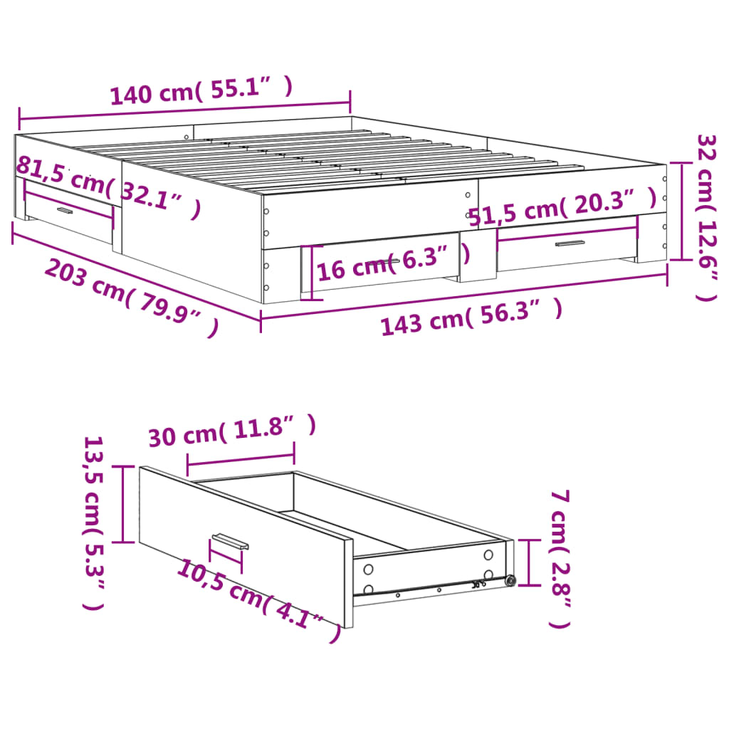 vidaXL Bettgestell mit Schubladen Sonoma-Eiche 140x200cm Holzwerkstoff