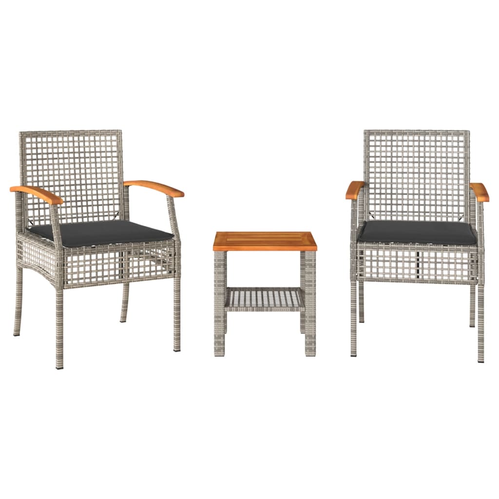 vidaXL 3-tlg. Bistro-Set mit Kissen Grau Poly Rattan Akazienholz