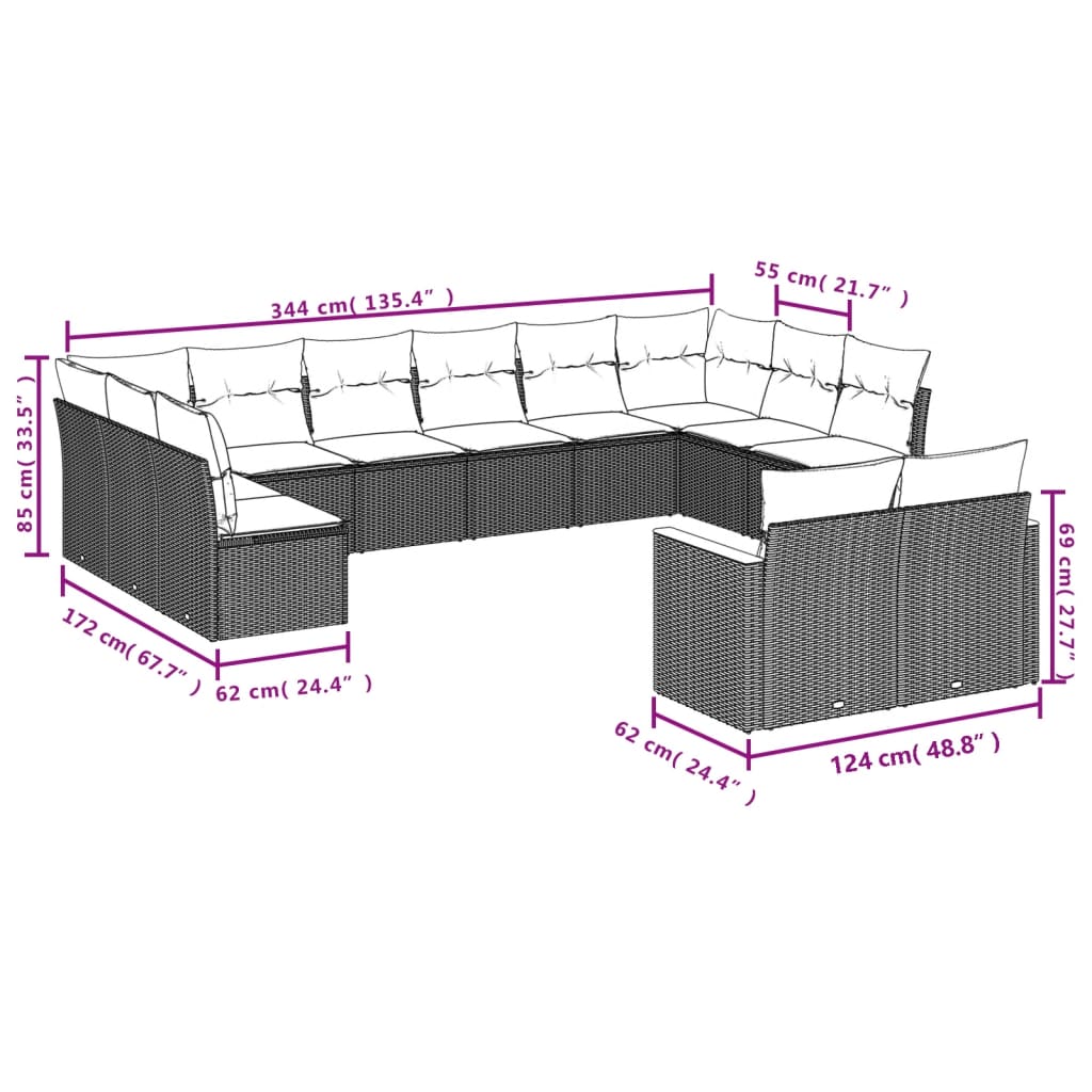 vidaXL 14-tlg. Garten-Sofagarnitur mit Kissen Beige Poly Rattan