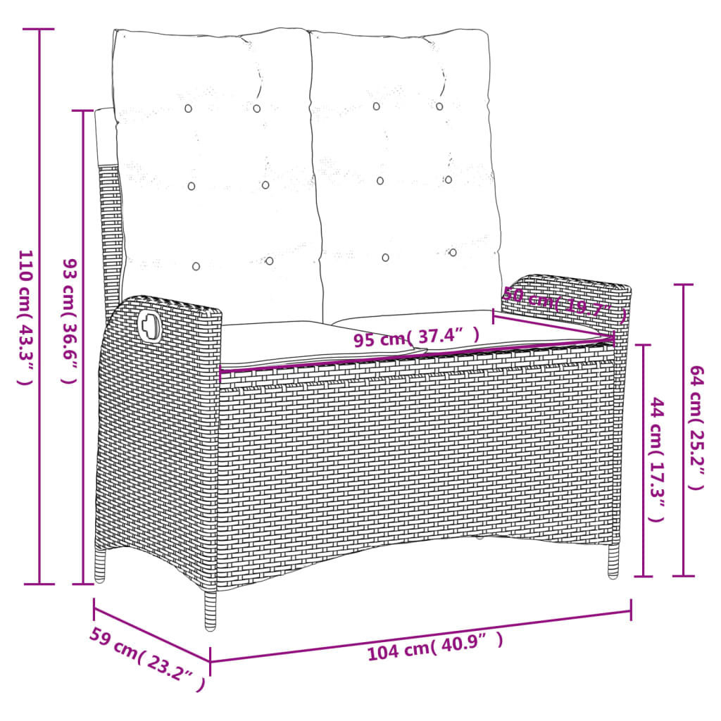 vidaXL Gartenbank Verstellbar mit Kissen Beige Poly Rattan