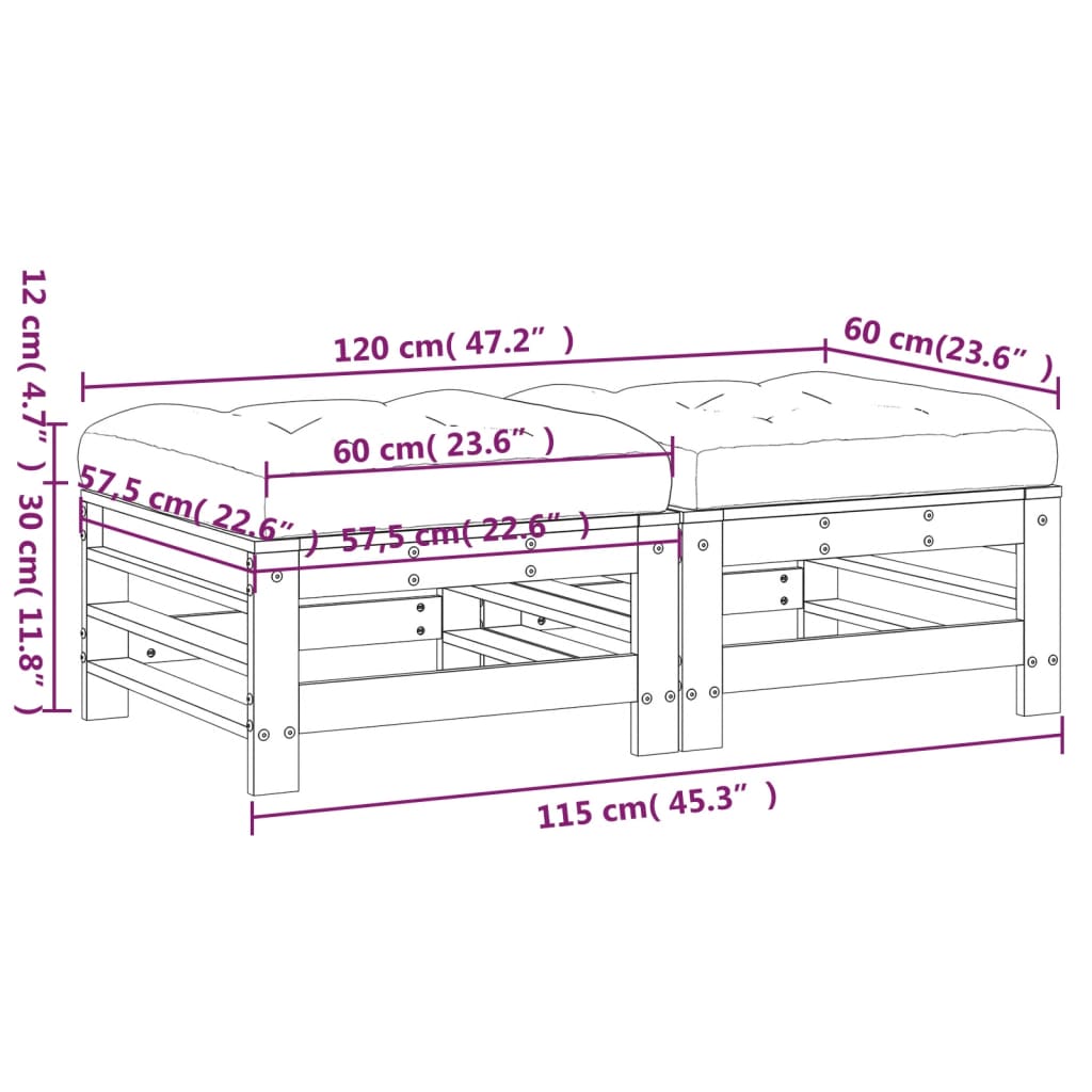 vidaXL Gartenhocker mit Kissen 2 Stk. Schwarz Massivholz Kiefer