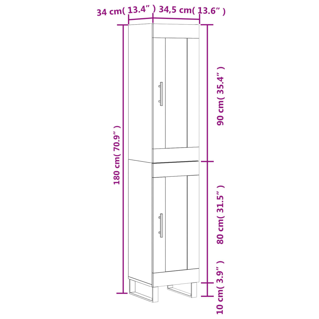 vidaXL Highboard Betongrau 34,5x34x180 cm Holzwerkstoff