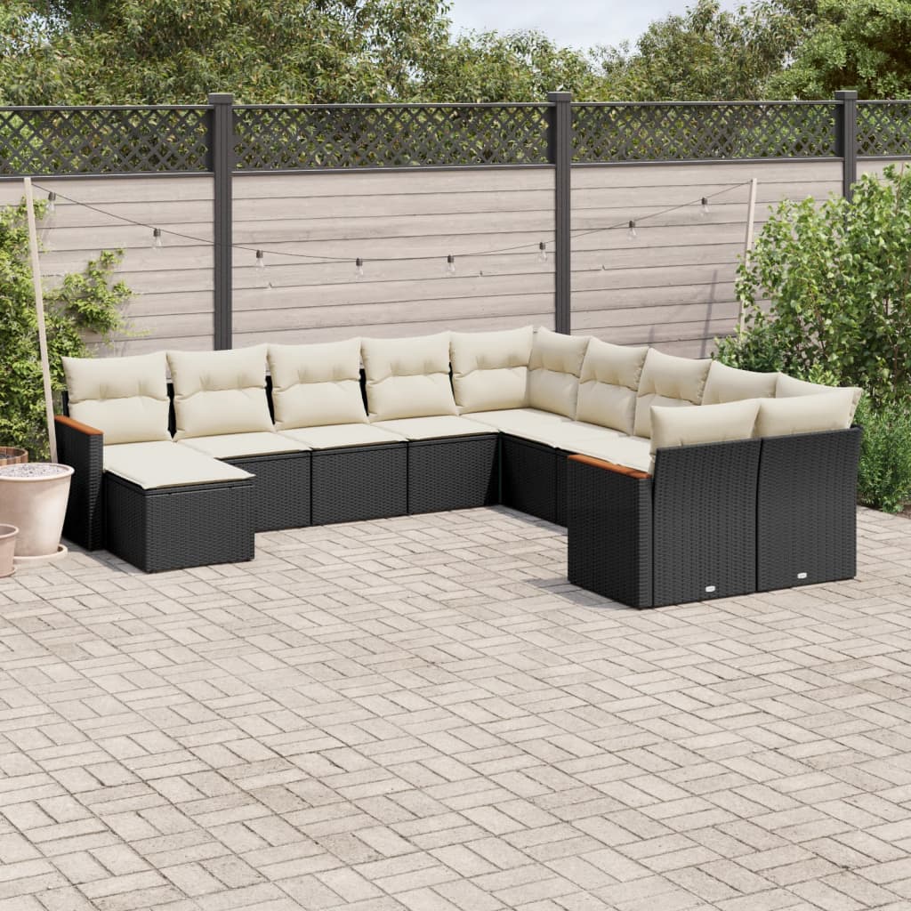 vidaXL 11-tlg. Garten-Sofagarnitur mit Kissen Schwarz Poly Rattan