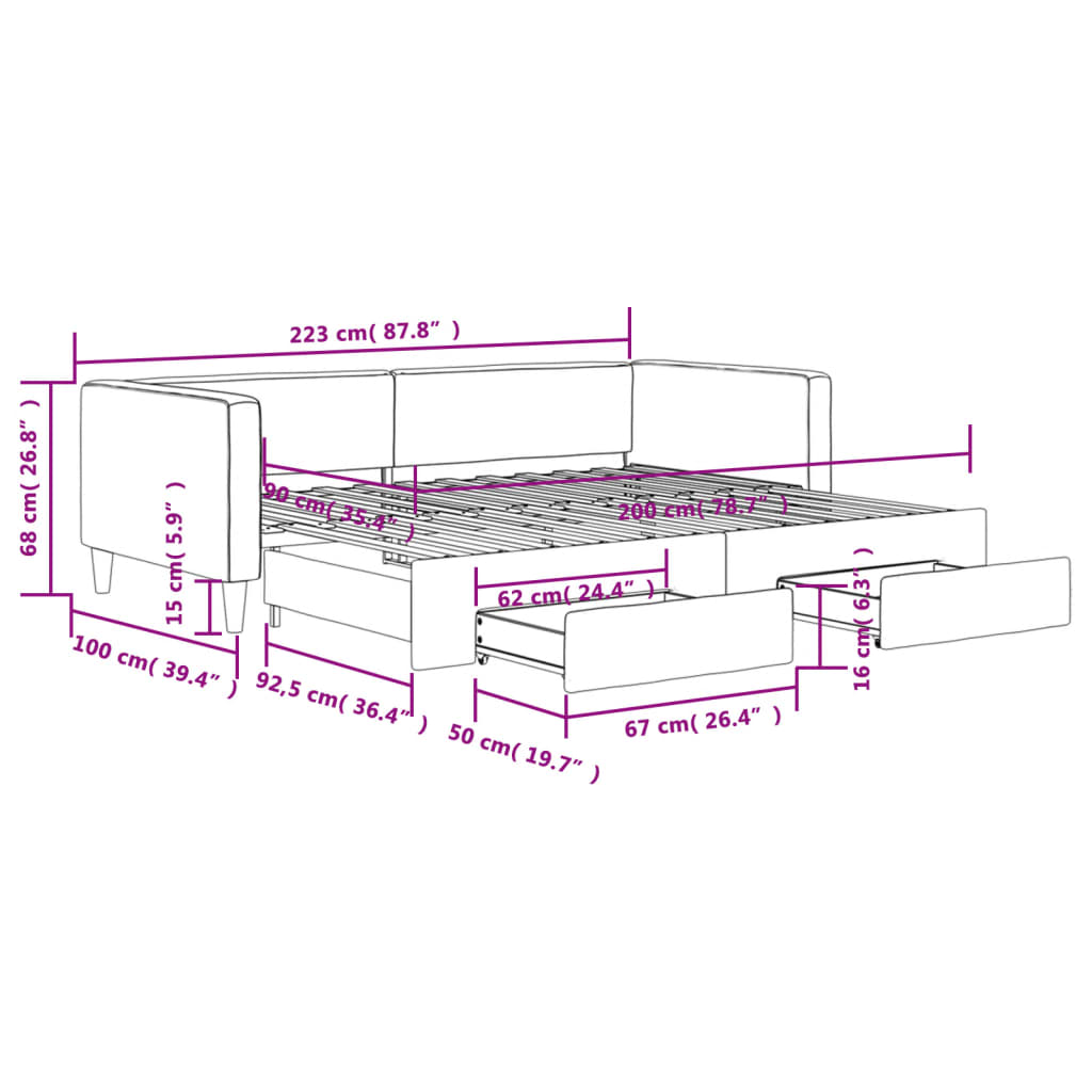 vidaXL Tagesbett Ausziehbar mit Schubladen Dunkelgrau 90x200 cm Stoff