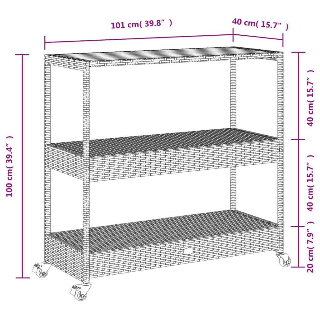 vidaXL Barwagen 3 Böden Grau Poly Rattan und Massivholz Akazie