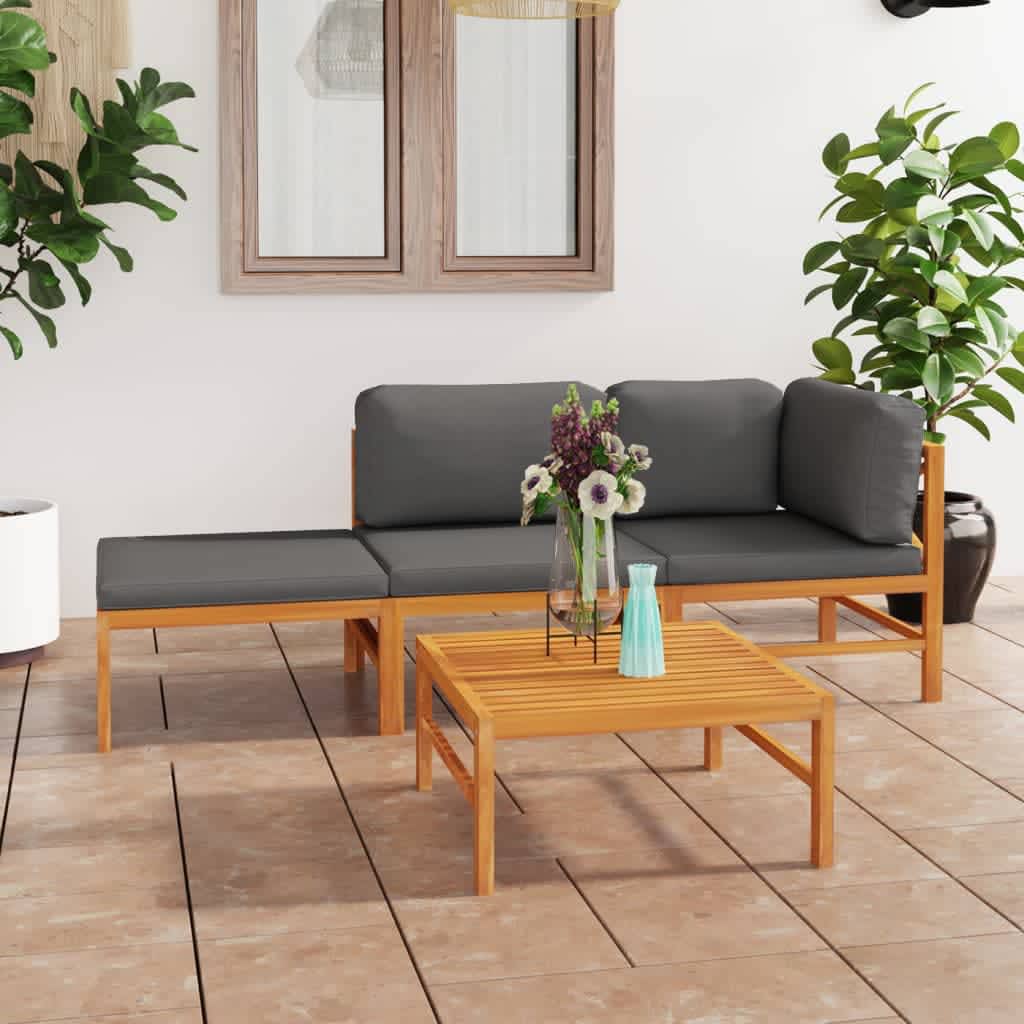 vidaXL 4-tlg. Garten-Lounge-Set mit Grauen Kissen Massivholz Teak