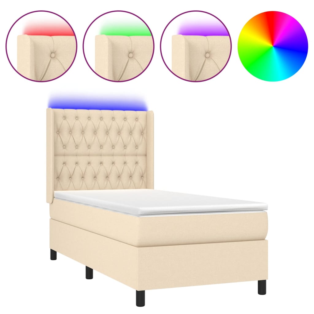 vidaXL Boxspringbett mit Matratze & LED Creme 90x190 cm Stoff