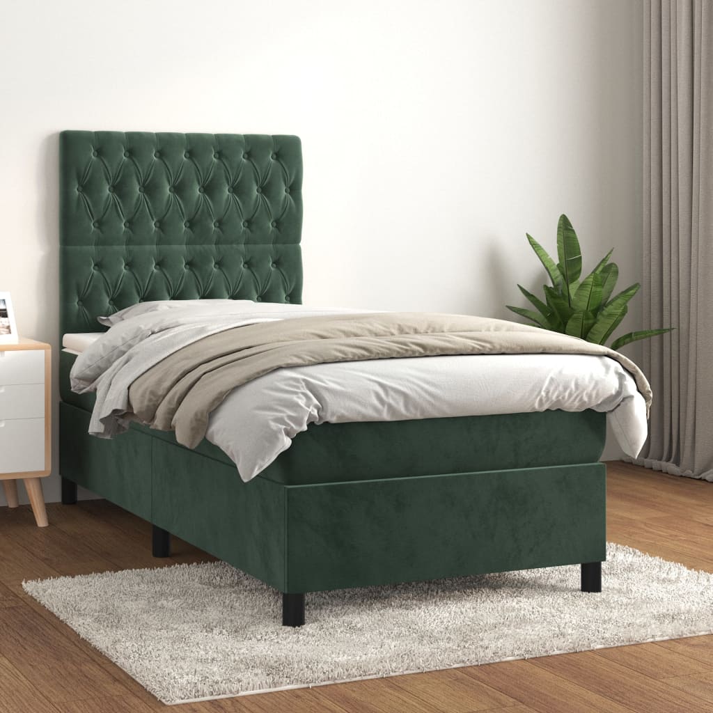 vidaXL Boxspringbett mit Matratze Dunkelgrün 90x190 cm Samt