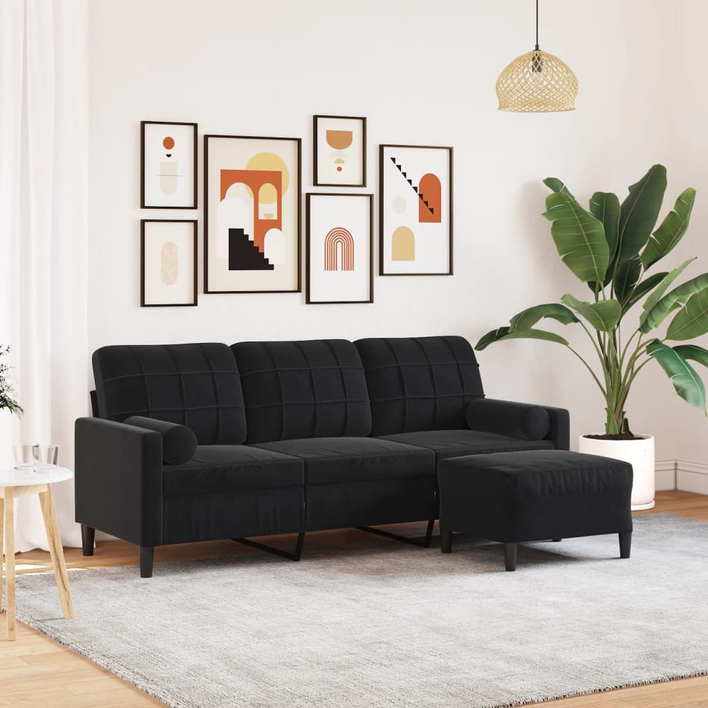 vidaXL 3-Sitzer-Sofa mit Hocker Schwarz 180 cm Samt