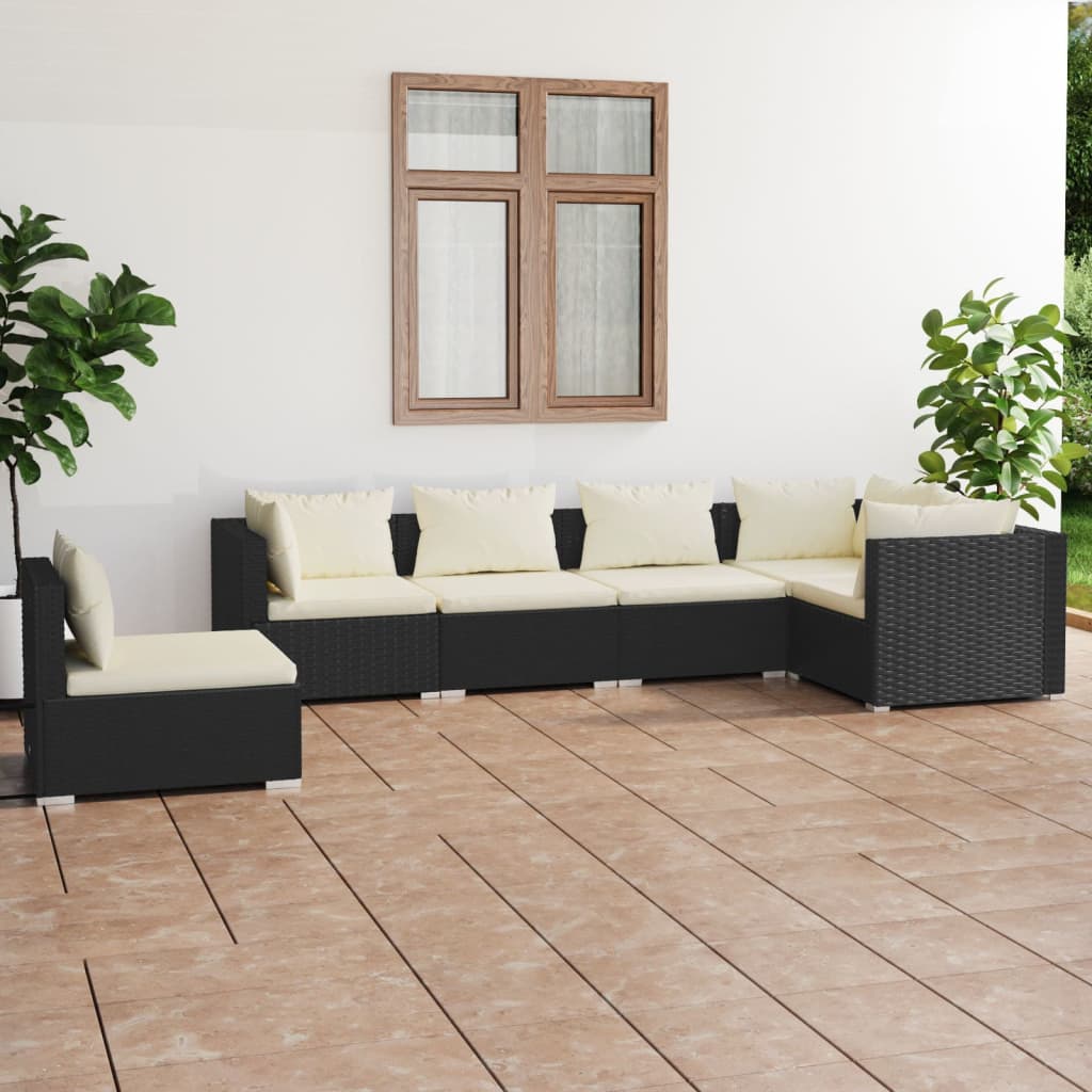 vidaXL 6-tlg. Garten-Lounge-Set mit Kissen Poly Rattan Schwarz