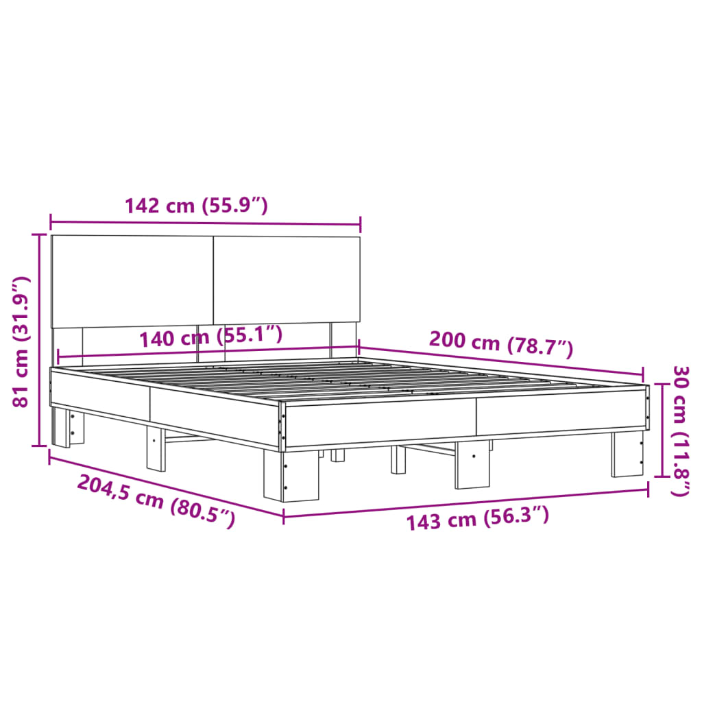 vidaXL Bettgestell Braun Eichen-Optik 140x200 cm Holzwerkstoff Metall