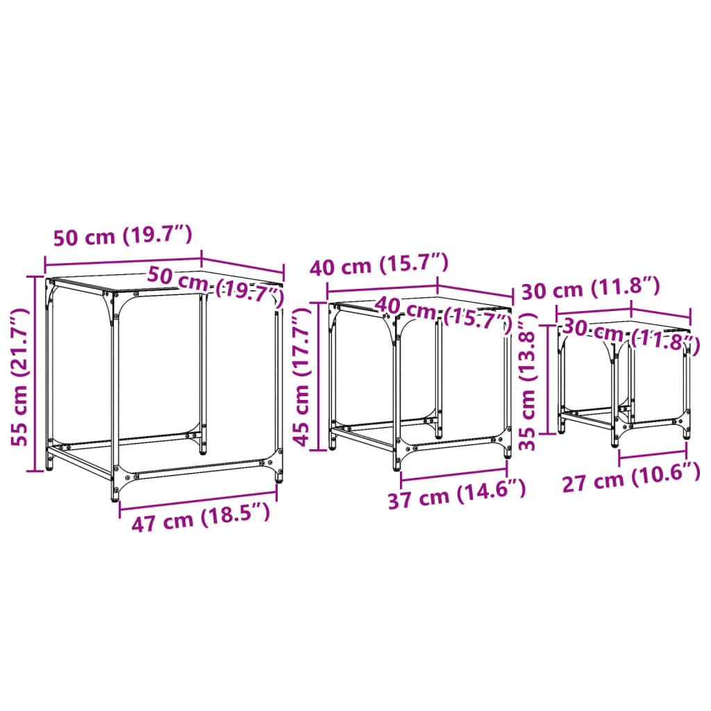 vidaXL Satztische 3 Stk. mit Glasplatte Transparent Stahl