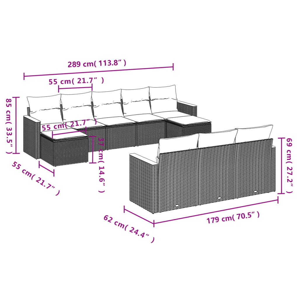 vidaXL 10-tlg. Garten-Sofagarnitur mit Kissen Schwarz Poly Rattan