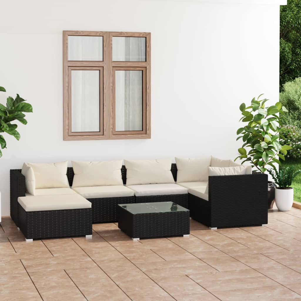 vidaXL 7-tlg. Garten-Lounge-Set mit Kissen Poly Rattan Schwarz