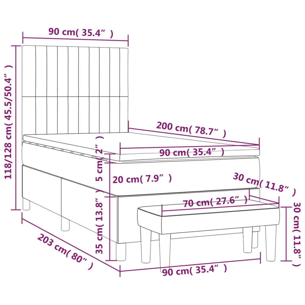 vidaXL Boxspringbett mit Matratze Hellgrau 90x200 cm Stoff