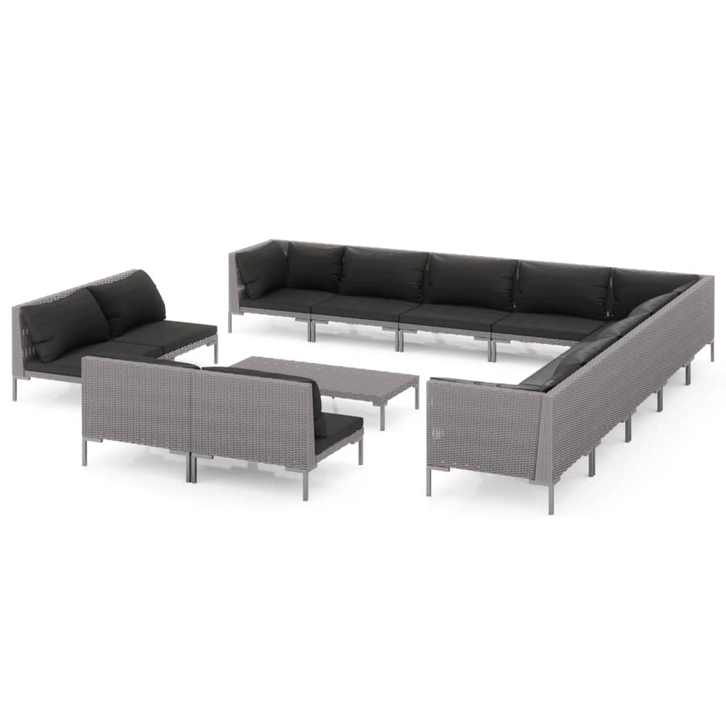 vidaXL 14-tlg. Garten-Lounge-Set mit Kissen Poly Rattan Dunkelgrau