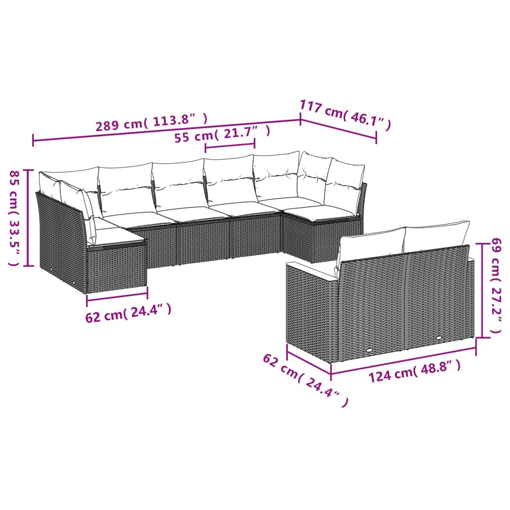 vidaXL 9-tlg. Garten-Sofagarnitur mit Kissen Schwarz Poly Rattan