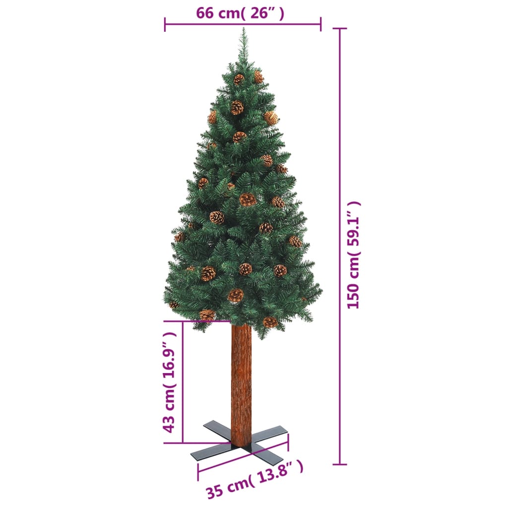 vidaXL Weihnachtsbaum Schlank mit Echtholz und Zapfen Grün 150 cm PVC