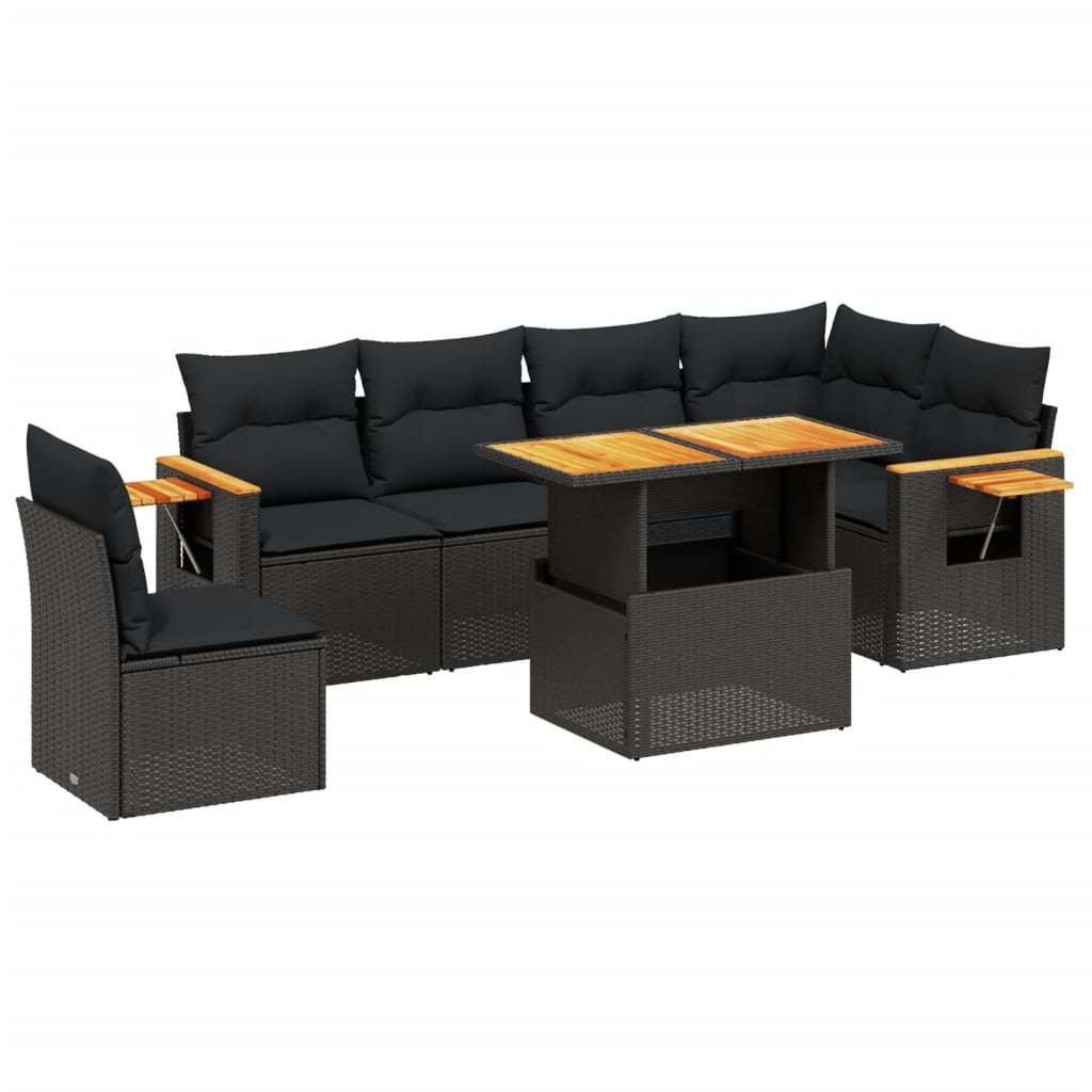 vidaXL 7-tlg. Garten-Sofagarnitur mit Kissen Schwarz Poly Rattan