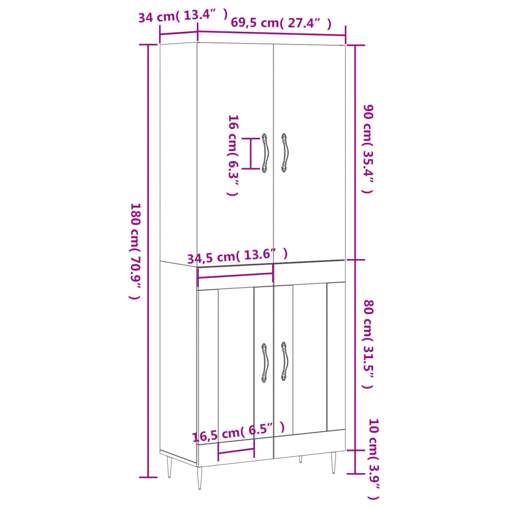 vidaXL Highboard Hochglanz-Weiß 69,5x34x180 cm Holzwerkstoff