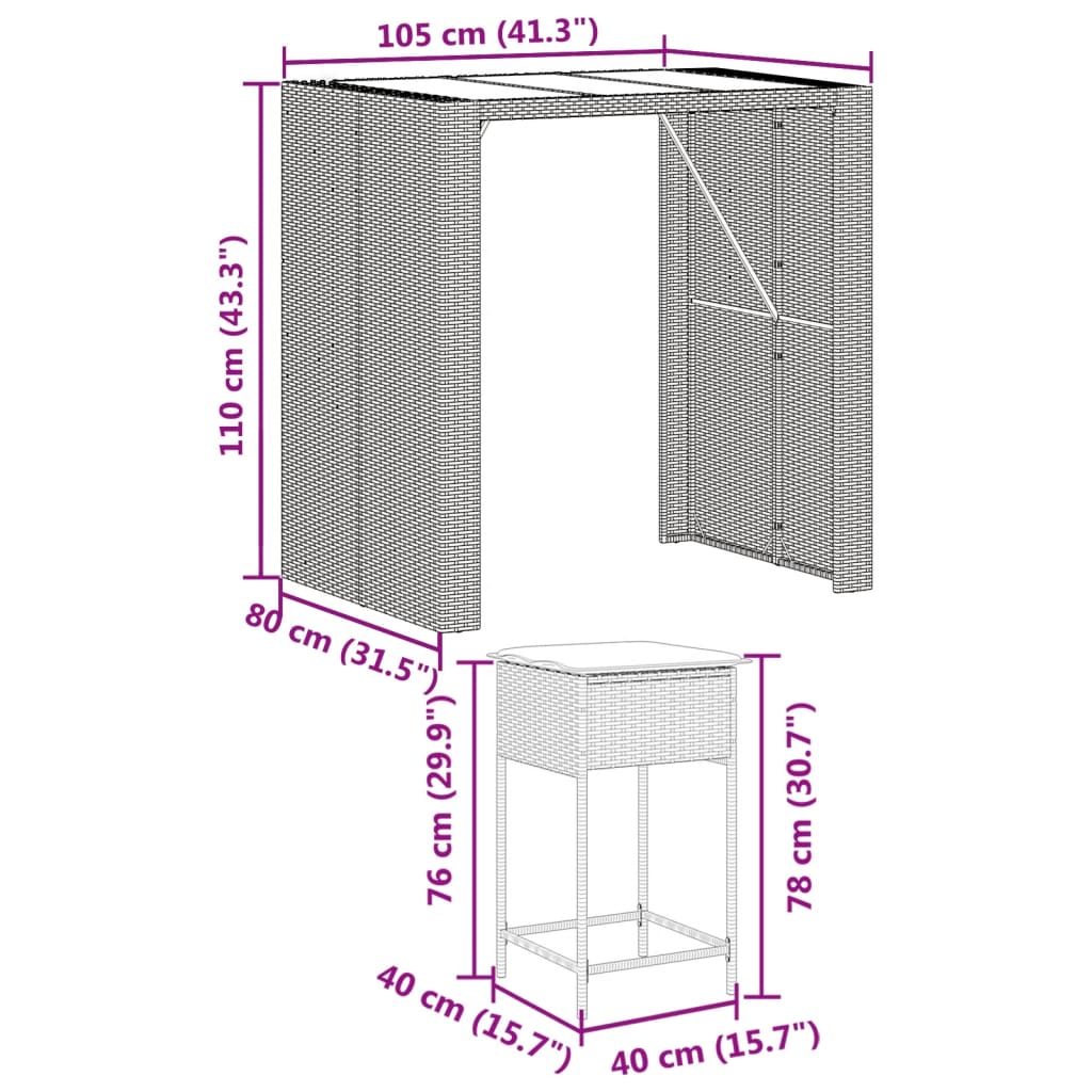 vidaXL 5-tlg. Gartenbar-Set mit Kissen Braun Poly Rattan