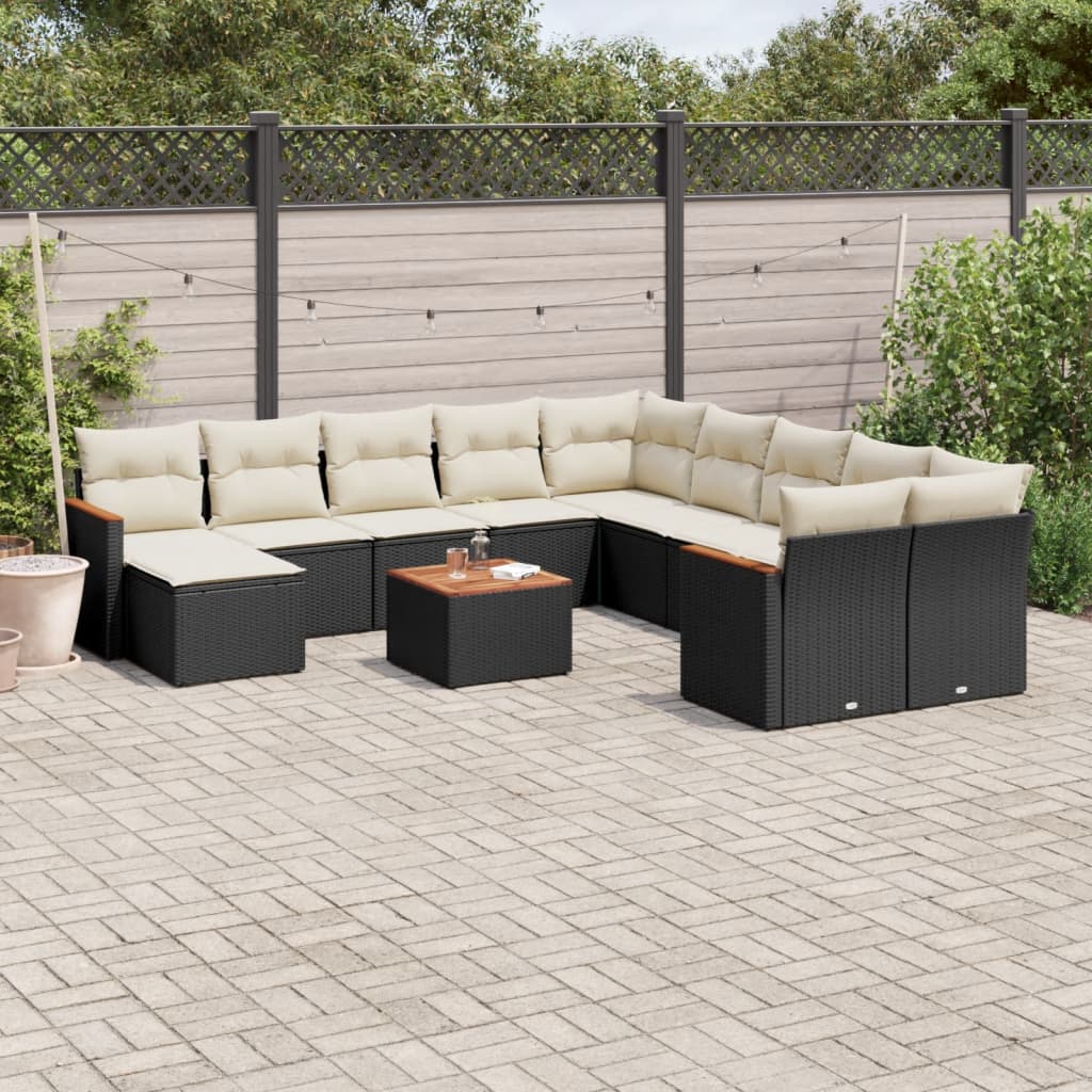 vidaXL 12-tlg. Garten-Sofagarnitur mit Kissen Schwarz Poly Rattan