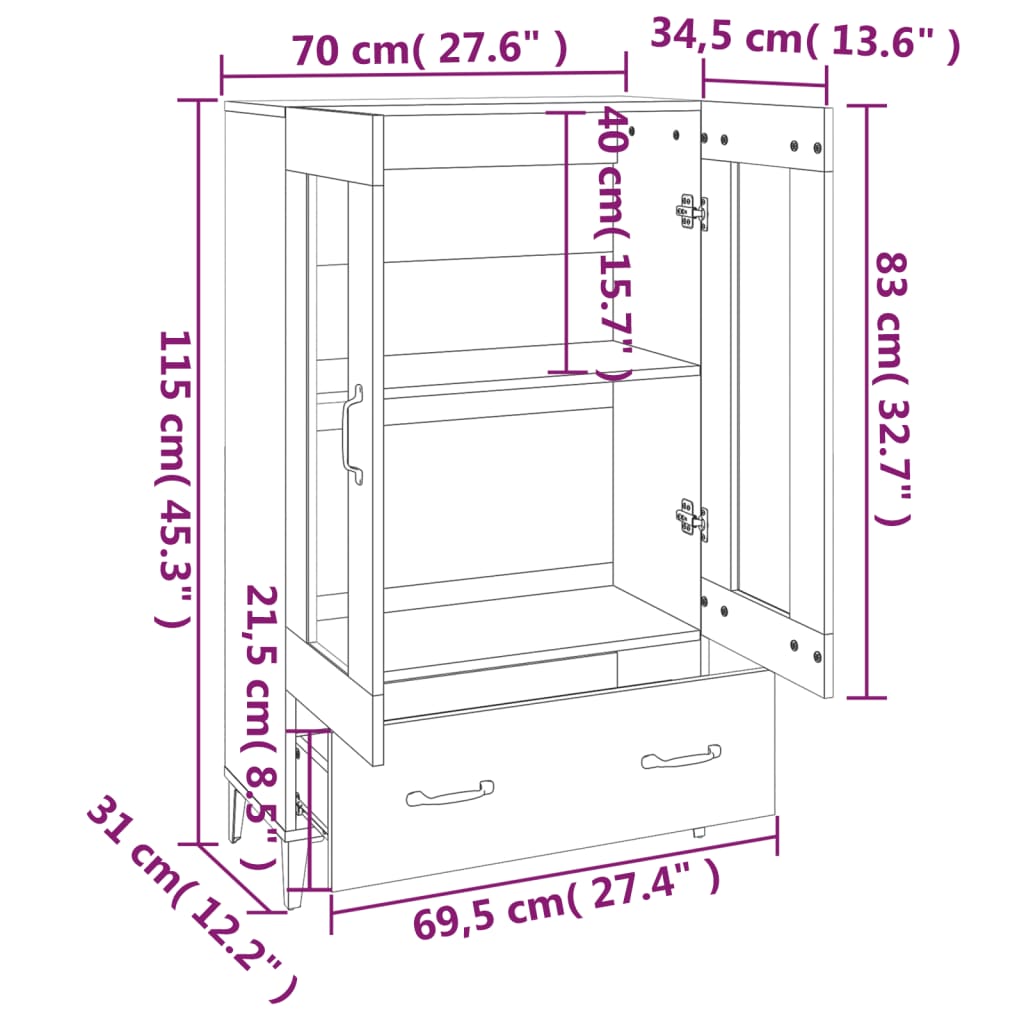 vidaXL Highboard Grau Sonoma 70x31x115 cm Holzwerkstoff