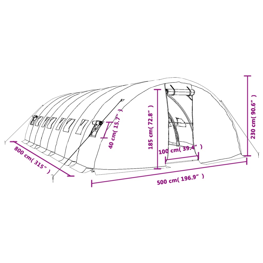 vidaXL Gewächshaus mit Stahlrahmen Grün 40 m² 8x5x2,3 m