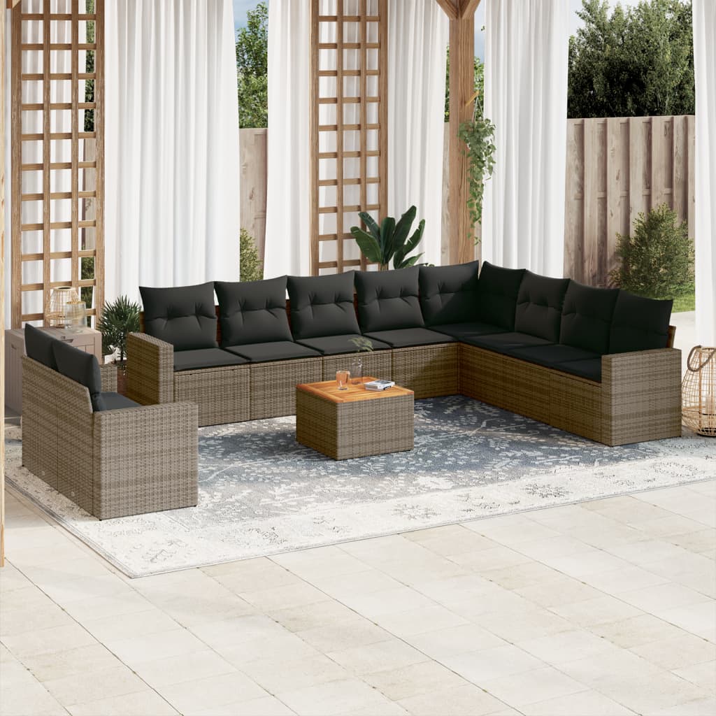 vidaXL 11-tlg. Garten-Sofagarnitur mit Kissen Grau Poly Rattan