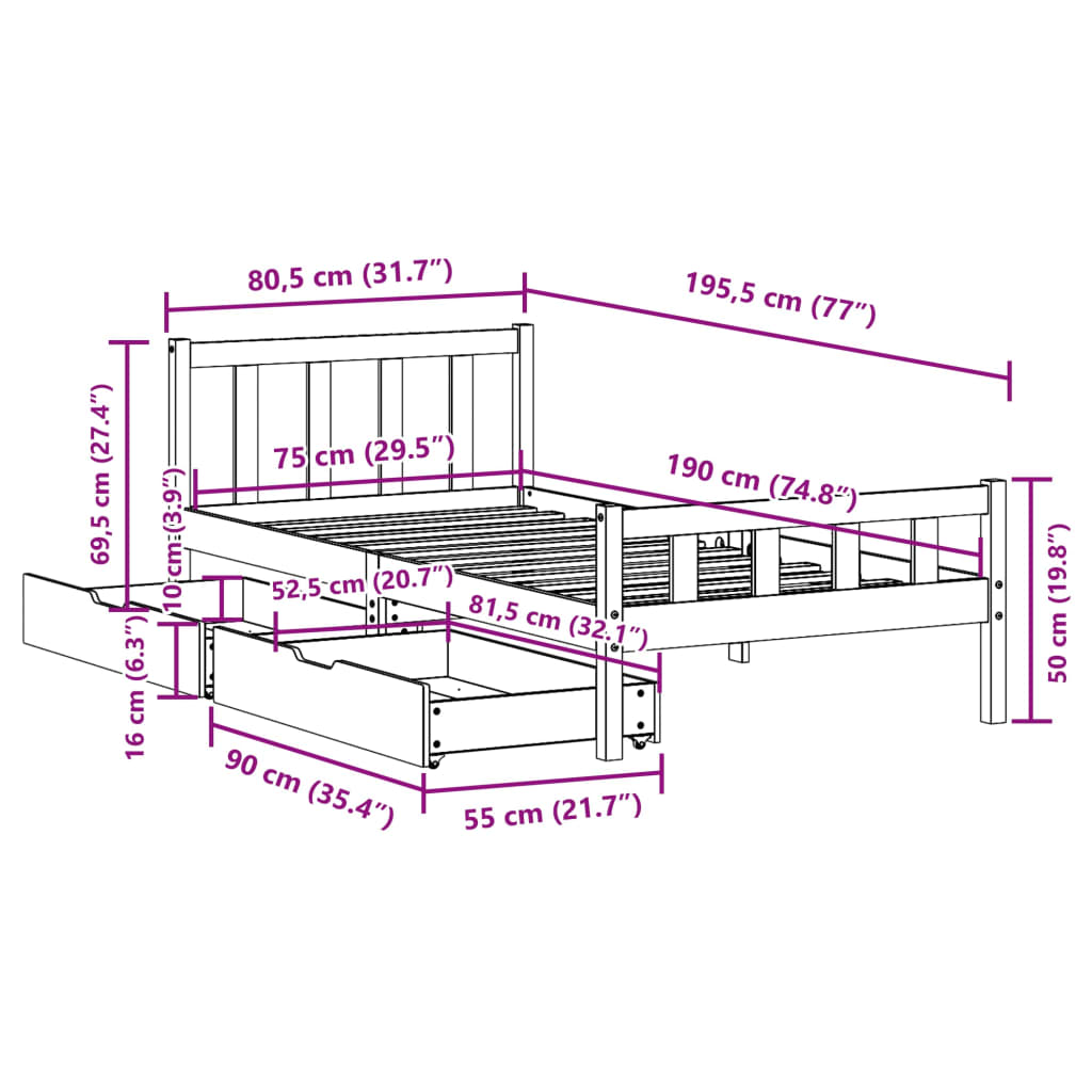 vidaXL Massivholzbett ohne Matratze 75x190 cm Kiefernholz