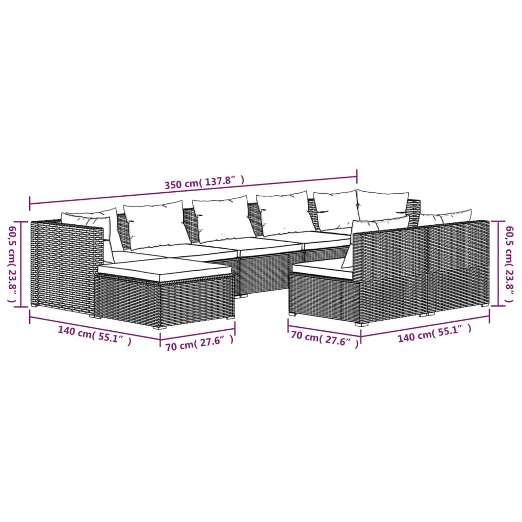 vidaXL 9-tlg. Garten-Lounge-Set mit Kissen Schwarz Poly Rattan