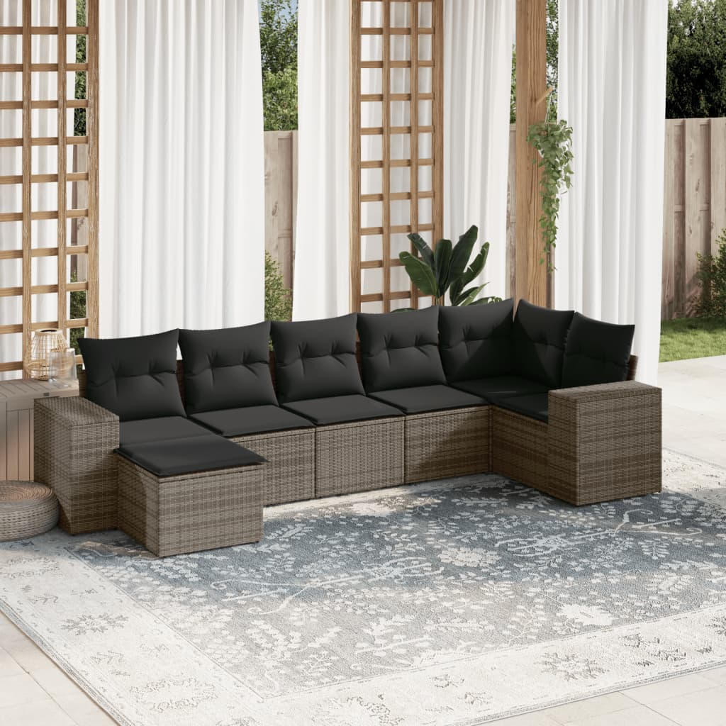 vidaXL 7-tlg. Garten-Sofagarnitur mit Kissen Grau Poly Rattan